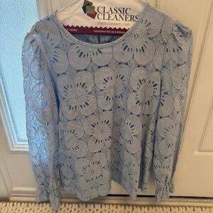 Floral Eyelet Stiching Long Sleeve - Small Blue Top